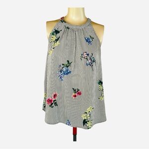 Staccato Black and White Stripe Floral Halter Blouse Size Small High/Low Hem